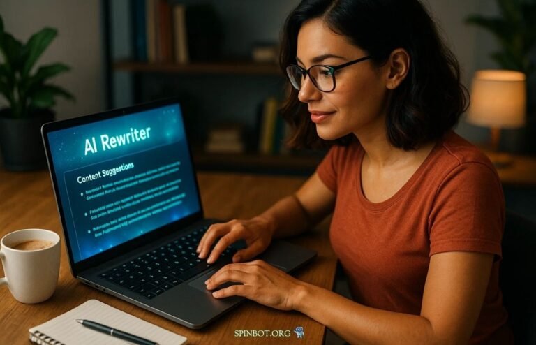 Female Girl blogger using AI rewriter tools