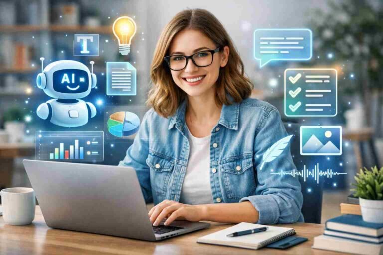 Writer using an AI content writing service on a laptop