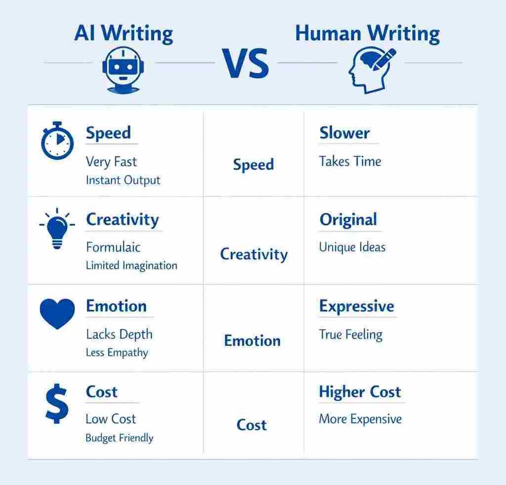 Infographic comparing AI and human writing strengths.