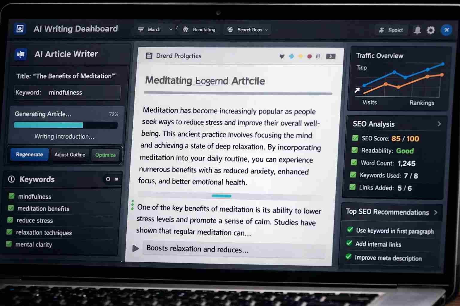 AI writing dashboard generating optimized content.