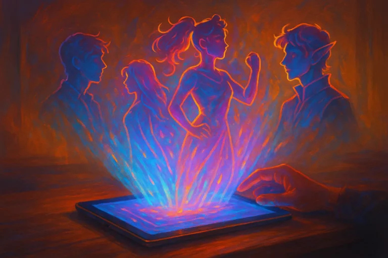 Holographic characters rising from tablet for AI prompts