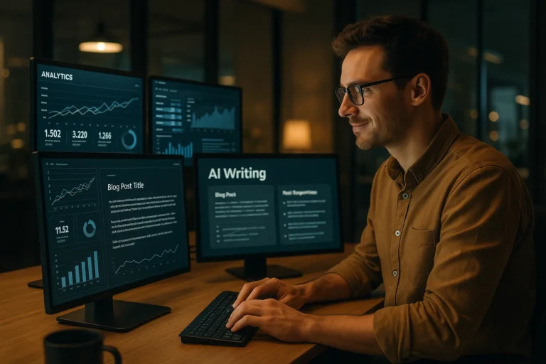 Marketer using AI writing tool to create content