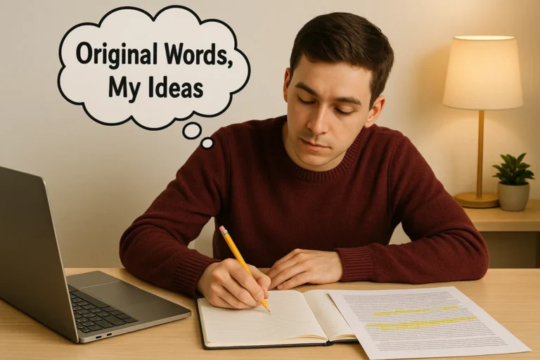 Student practicing paraphrasing and citation to avoid plagiarism