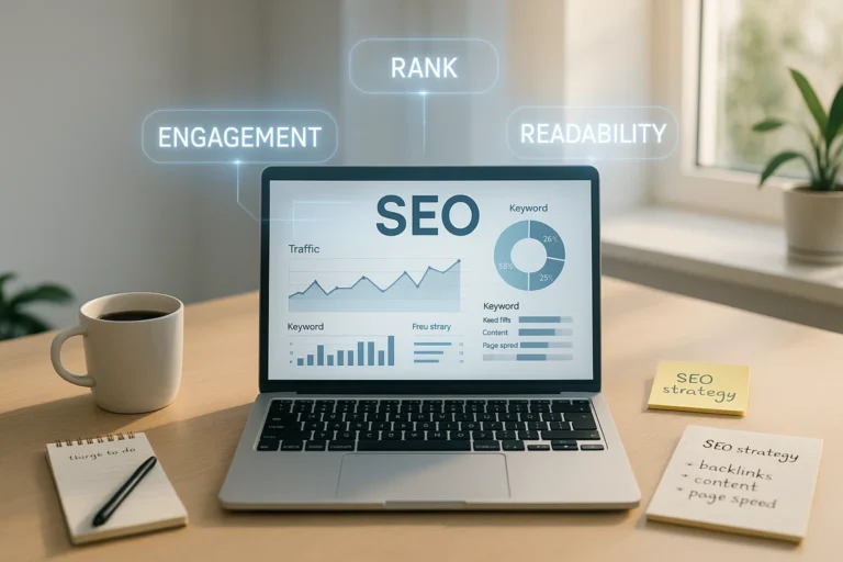 Laptop showing content optimization charts and analytics for SEO improvement