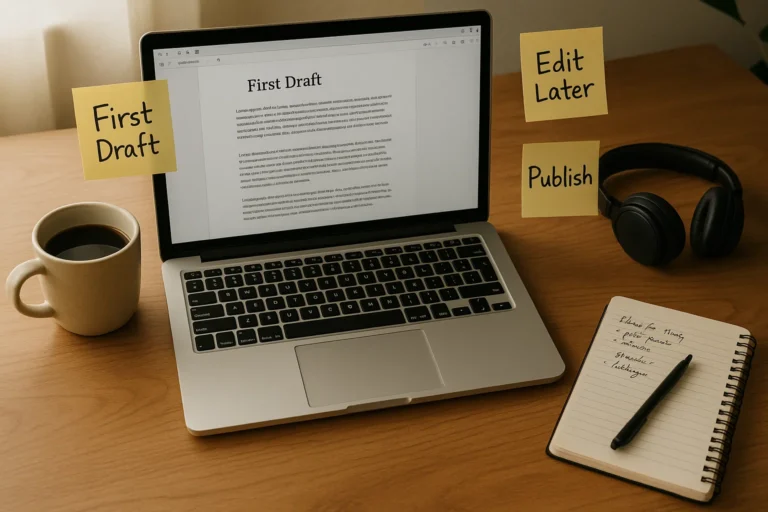 Workspace showing laptop, coffee, and writing notes representing writing process hacks