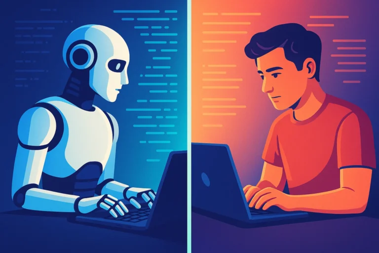Robot and human writing side by side symbolizing AI text detection