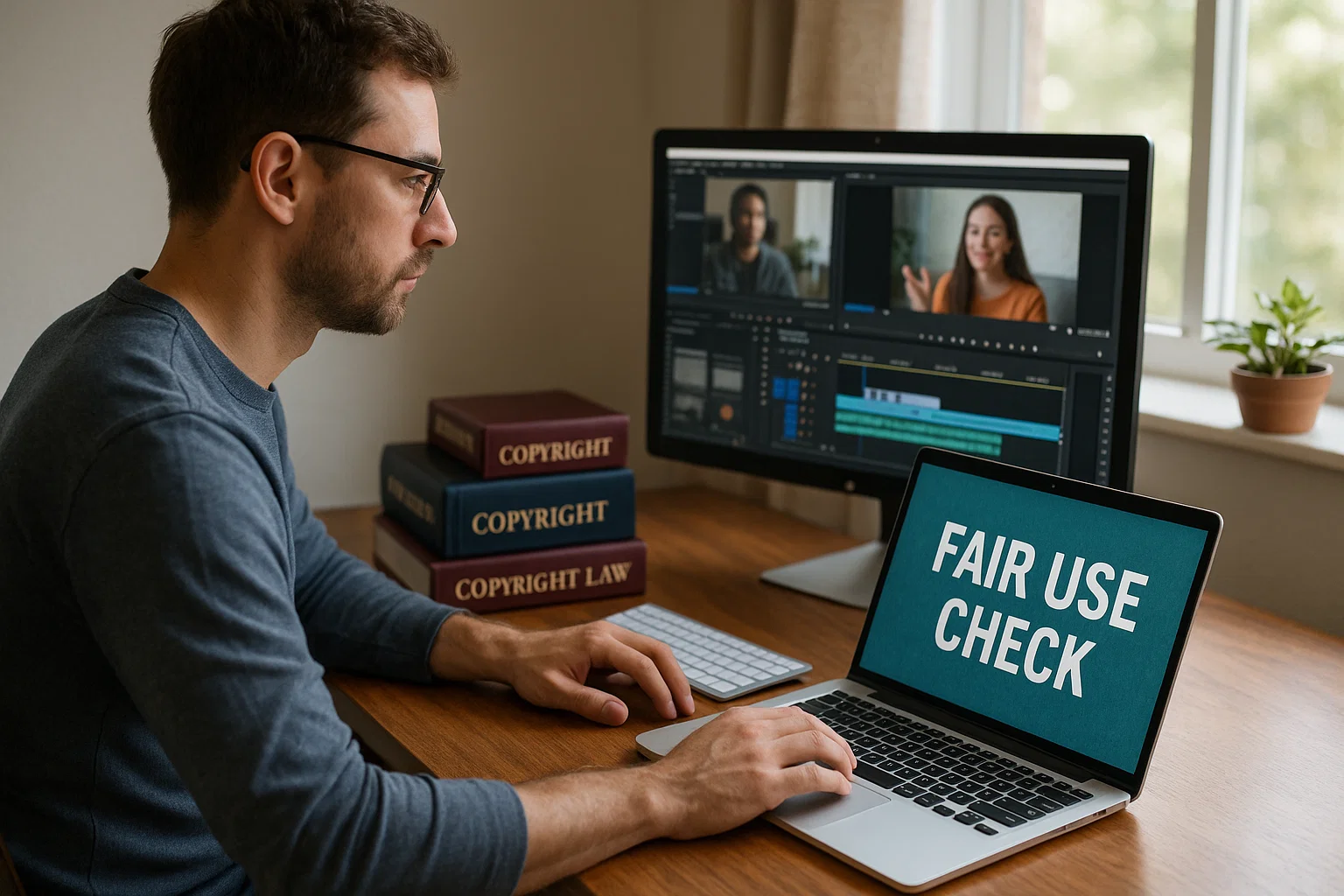 Creator researching fair use rules while editing video