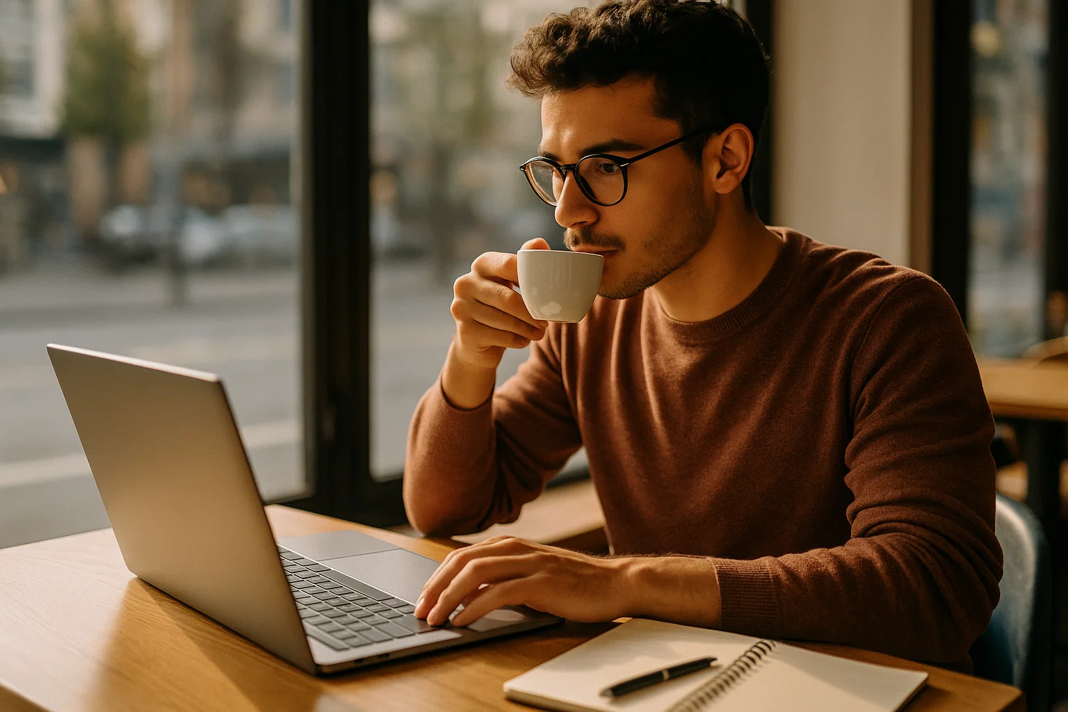 Freelance writer searching for clients on laptop in a café