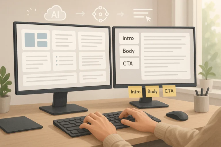 Writer using modular templates to speed up content creation process
