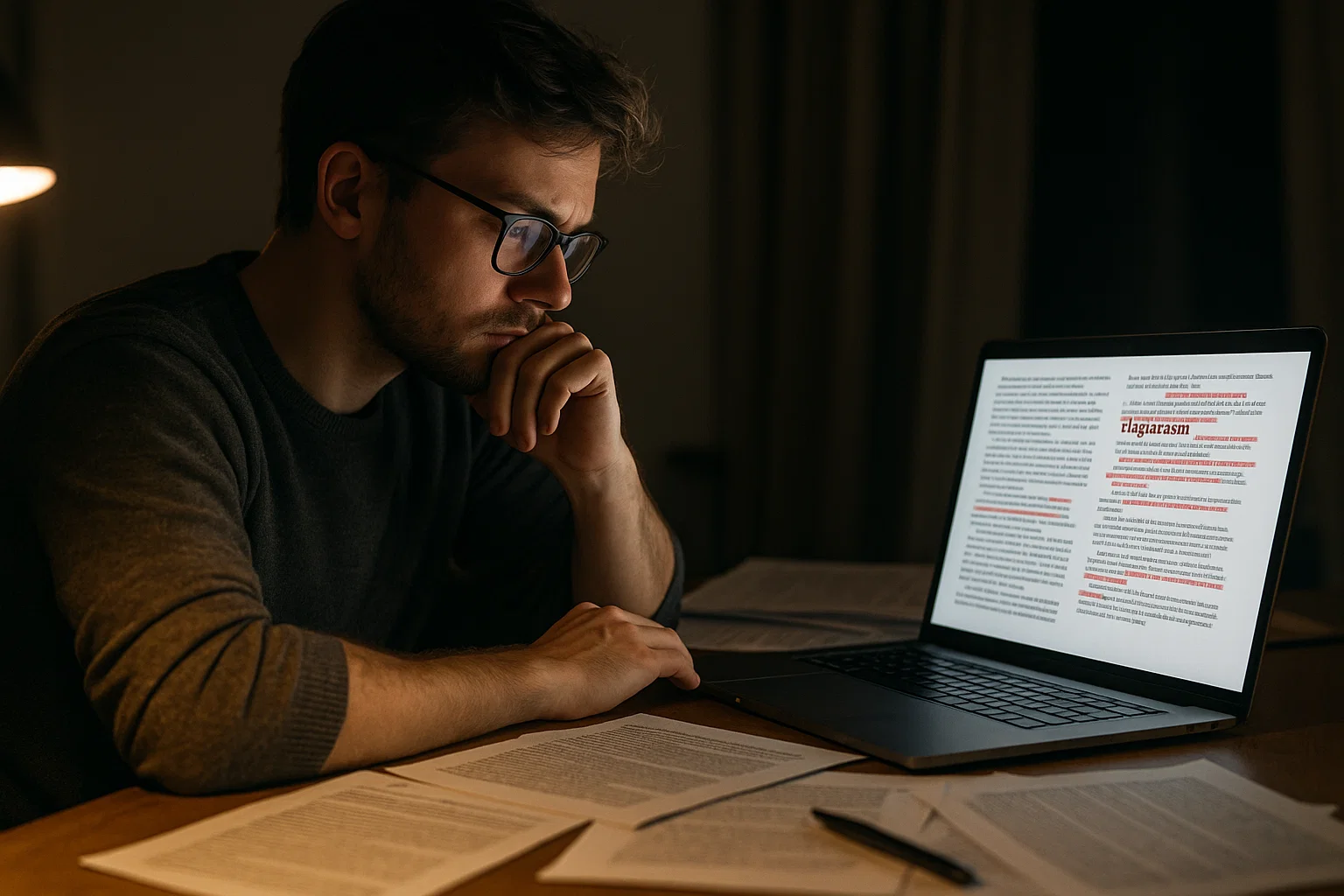 Academic researcher detecting plagiarism in a research article using laptop