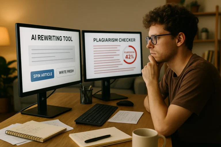 Writer comparing AI spinning tool and plagiarism checker on dual screens