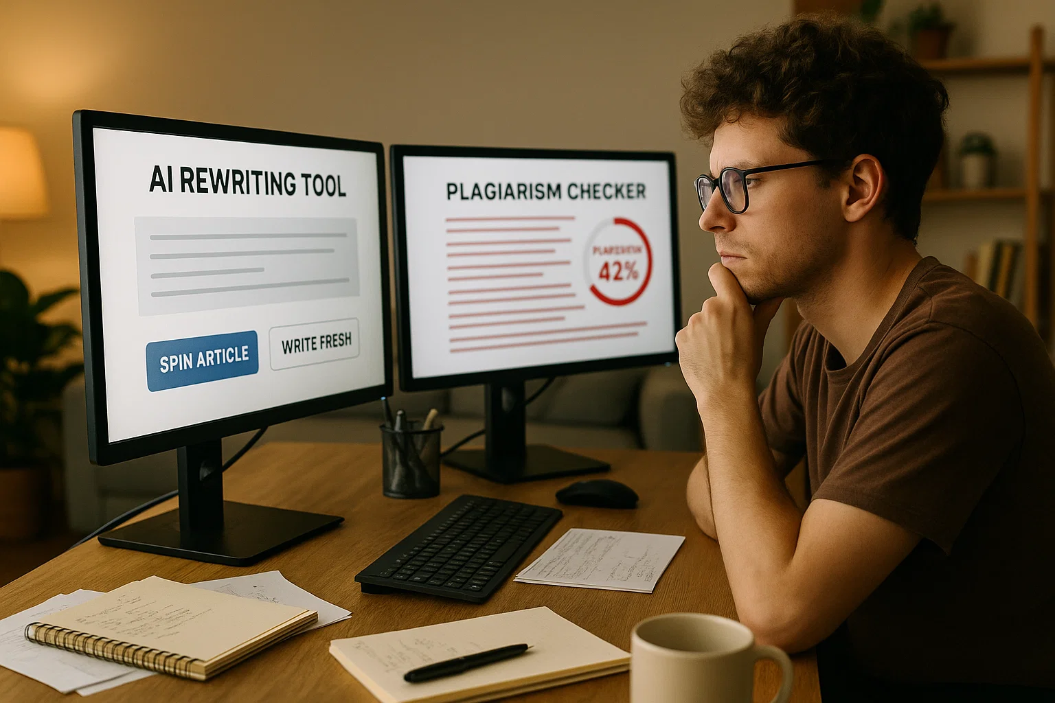 Writer comparing AI spinning tool and plagiarism checker on dual screens