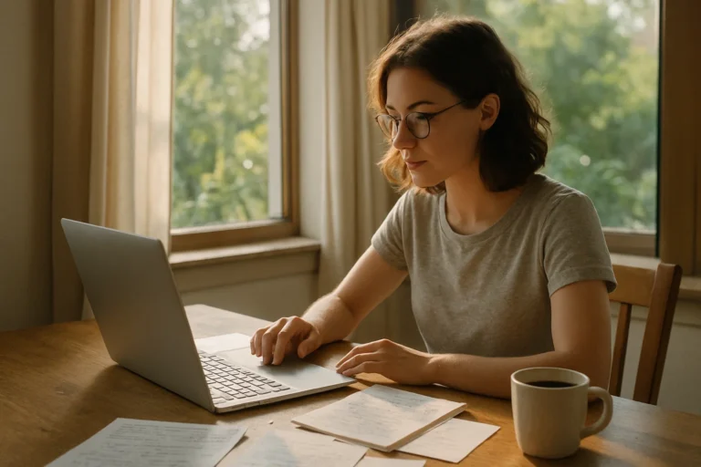 A focused writer balancing time and creativity at home workspace