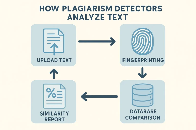 Infographic showing stages of plagiarism detection from upload to report