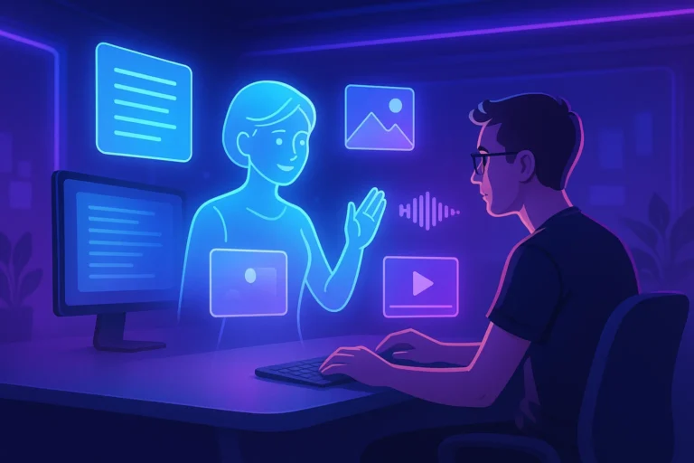 AI assistant collaborating with a human writer using text, images, audio, and video in a creative workspace.