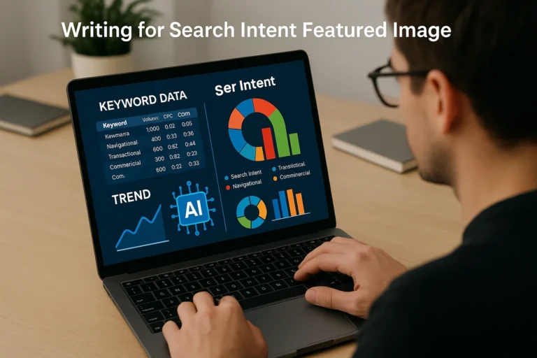 Writer analyzing keyword data and user intent for SEO content