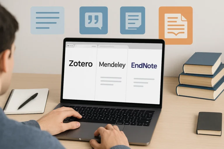 Student comparing Zotero, Mendeley, and EndNote citation managers on laptop