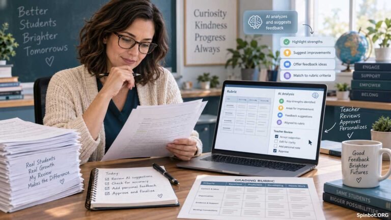 Teacher reviews AI-assisted rubric feedback on assignments