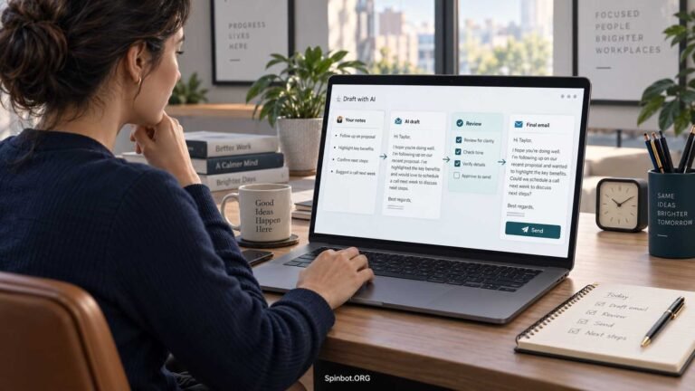 Writer reviewing AI generated email draft on laptop