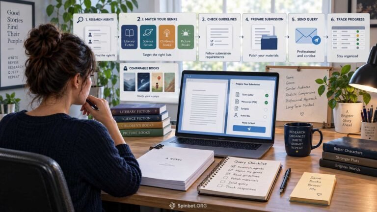 Author preparing manuscript and literary agent query