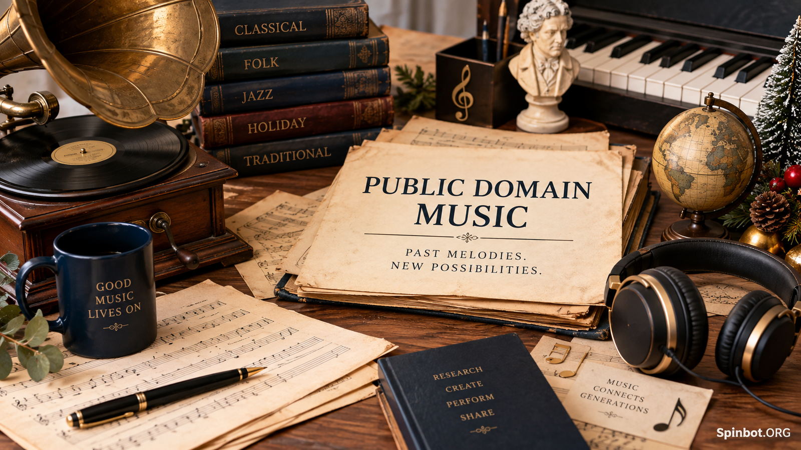 Sheet music and vintage record representing public domain