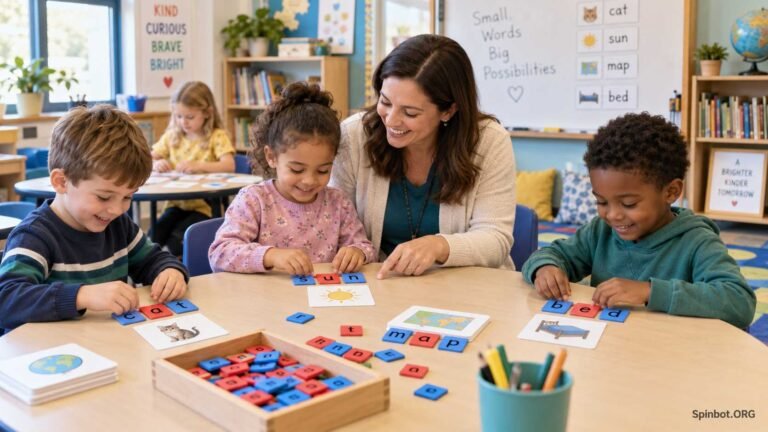 First graders practicing spelling with colorful letter tiles
