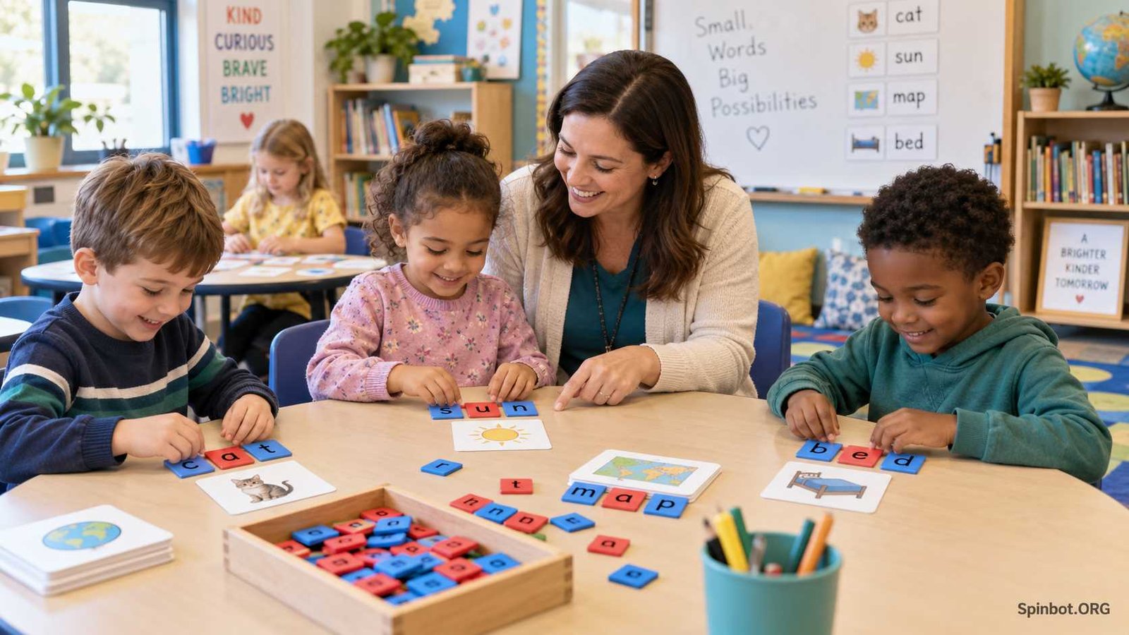 First graders practicing spelling with colorful letter tiles