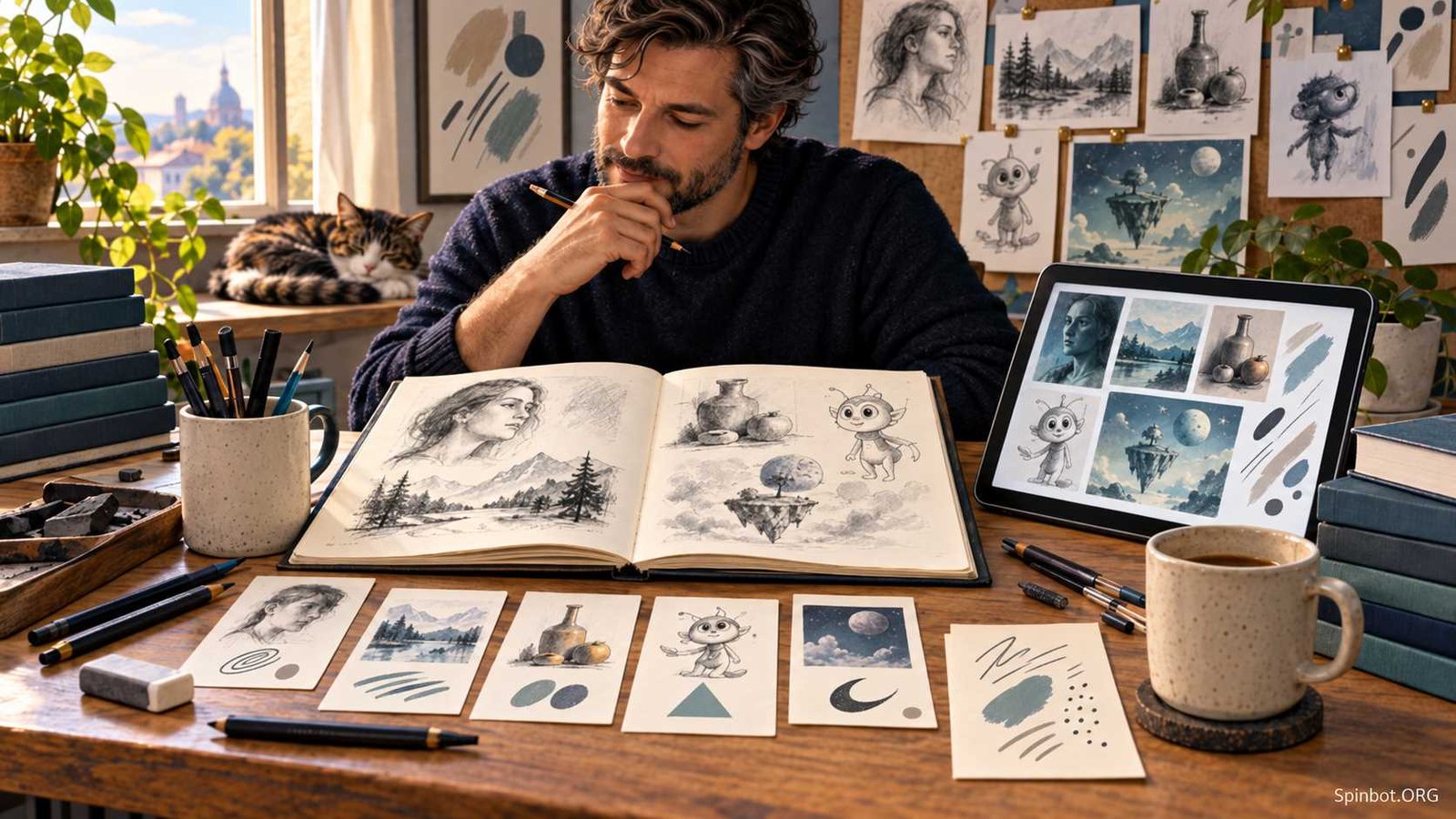 Adult artist choosing creative prompts for sketchbook drawing