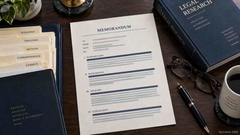 Legal memorandum arranged beside case research materials