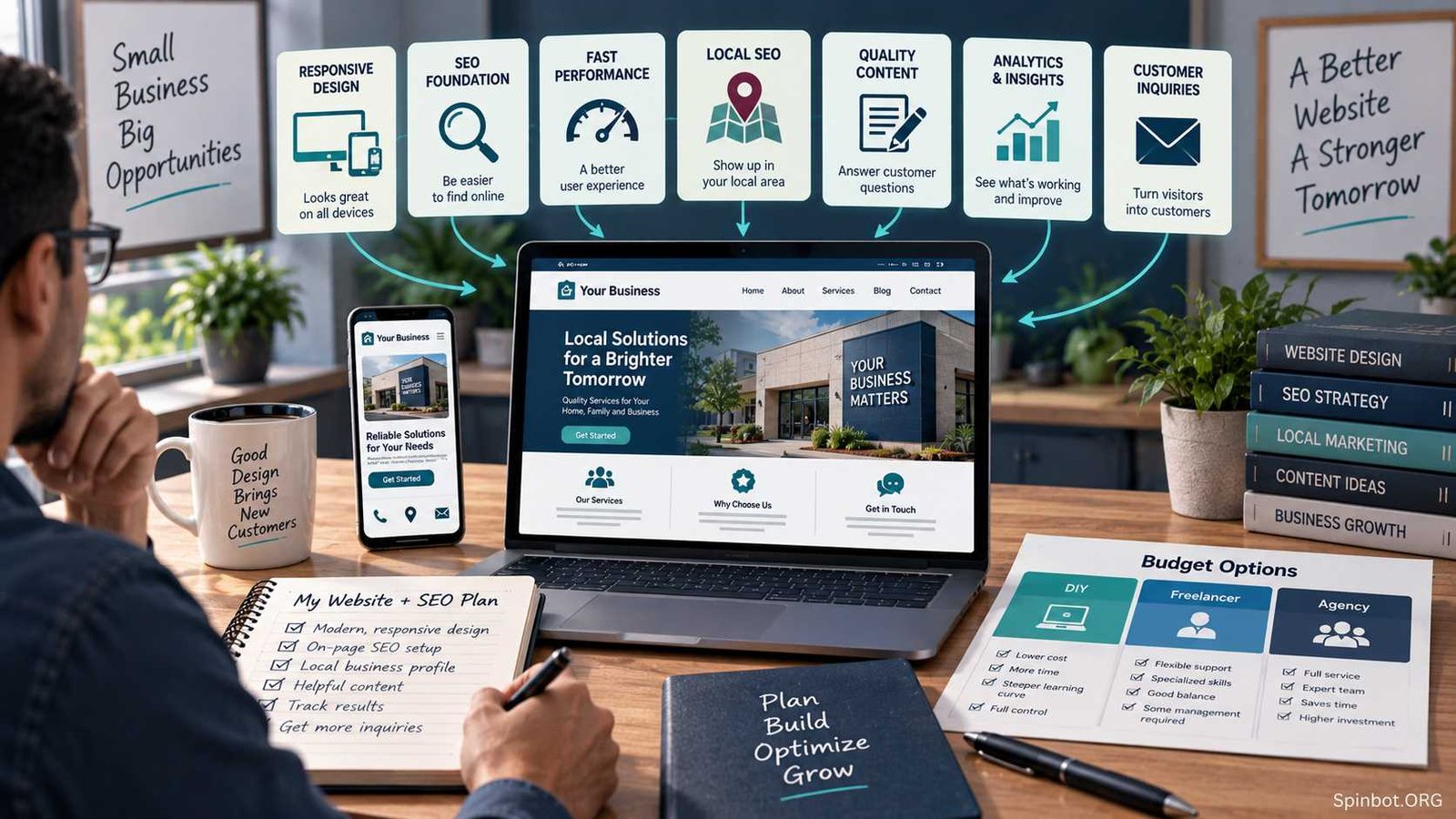 Small business owner planning website and SEO