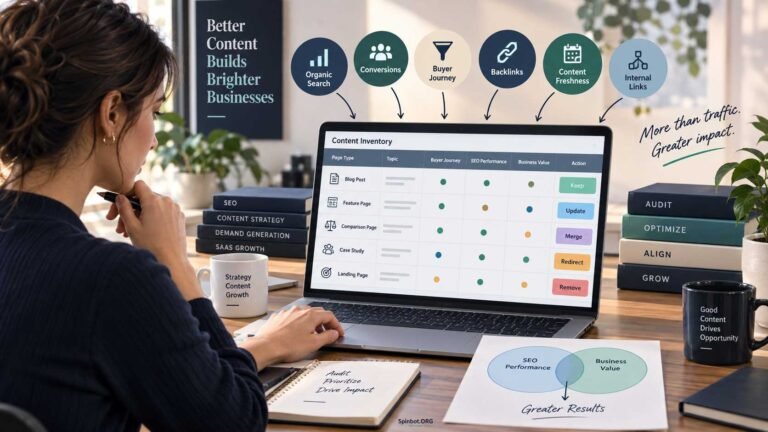 SaaS marketer reviewing content audit performance spreadsheet