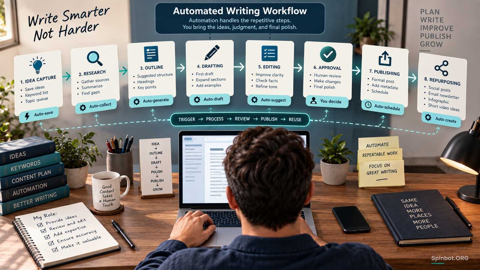 Writer using an automated content creation workflow