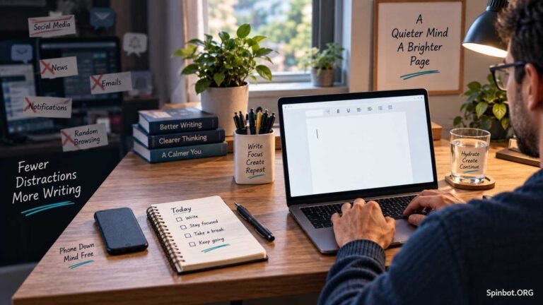 Writer using a distraction-free focused writing workspace
